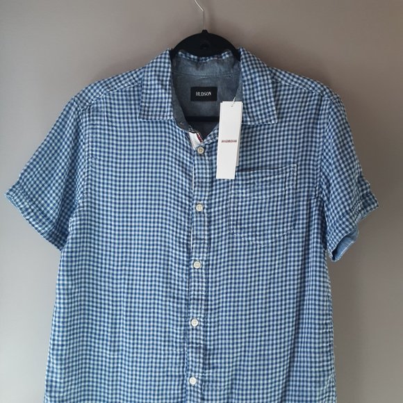 Hudson's Men's New! Saint Blue & White Checked Short Sleeve Button Shirt, Sm - Picture 2 of 16